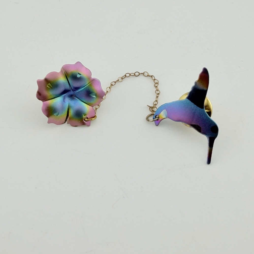 Hummingbird Flower Collar‎ Pin Multicolor Excellent Iridescent Chain